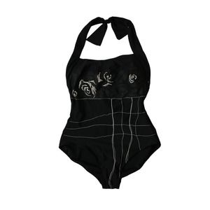 Gideon Oberson one piece swimsuit black white halter low back‎ sz 10